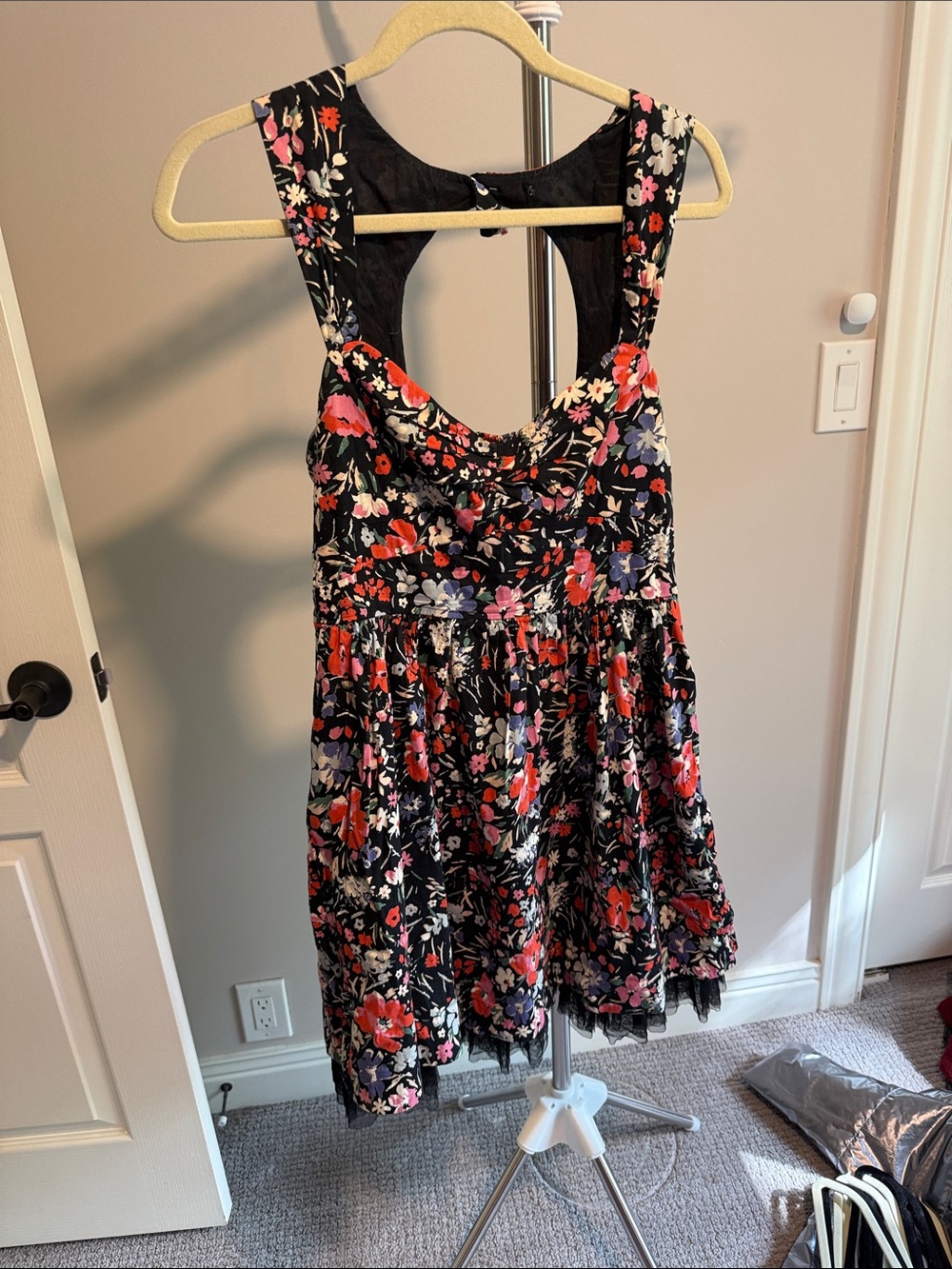 Free People Black Floral Sundress with Red, Pink & Purple Blooms
